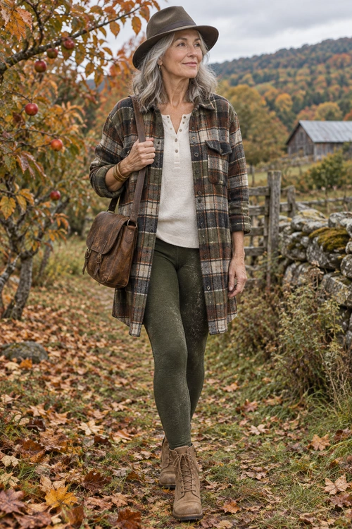 A woman wears a brown hat, plaid overshirt, cream henley top, olive pants, brown boots, and a leather shoulder bag outdoors in autumn.
