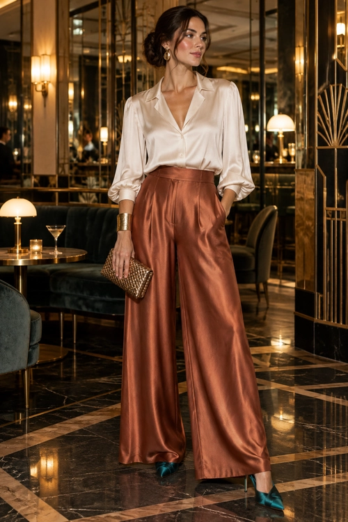 An ivory satin blouse is tucked into rust-colored wide-leg trousers, with teal heels, gold-toned accessories, and a small metallic clutch.