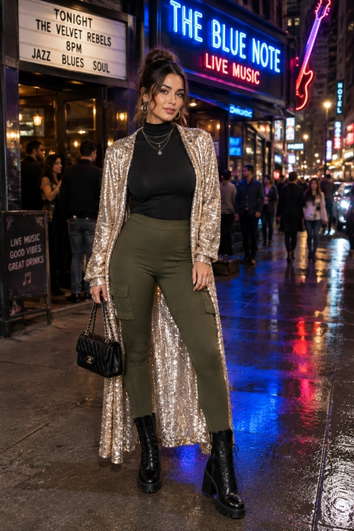 A woman wears a champagne sequin duster over a black fitted top, olive cargo pants, and black platform boots on a rainy nightlife street.