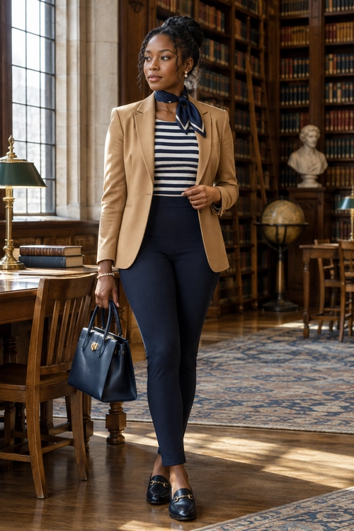 A polished outfit featuring a tan blazer, navy-and-white striped top, navy trousers, neck scarf, loafers, and a structured handbag.