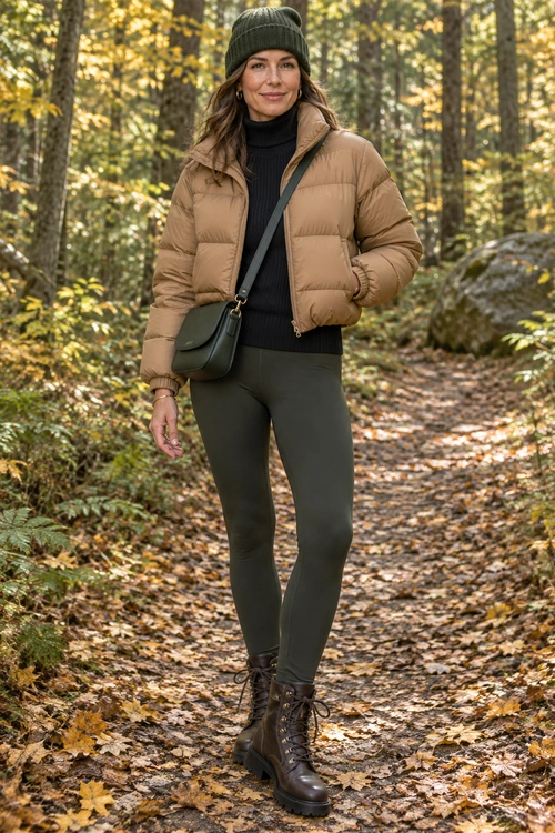 A woman wears a tan puffer jacket, black turtleneck, olive leggings, knit beanie, crossbody bag, and brown lace-up boots on a forest path.