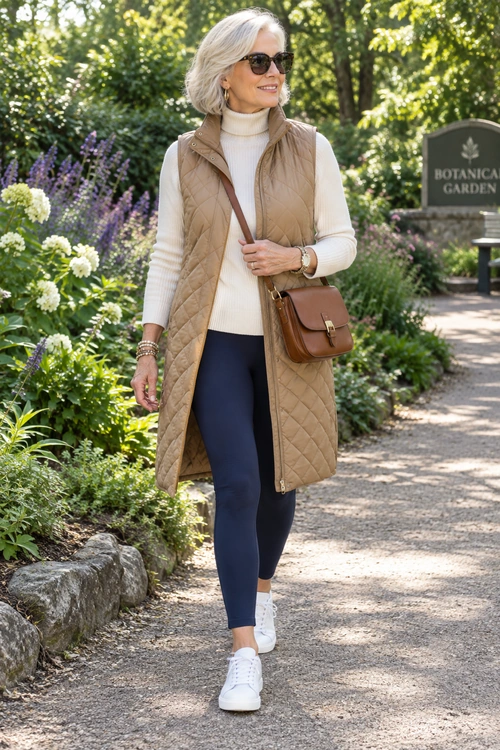Woman wearing a tan quilted long vest over a cream turtleneck with navy leggings, white sneakers, sunglasses, and a brown crossbody bag.