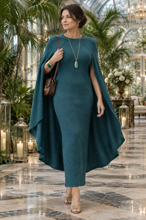 Teal Cape Dress Outfit A woman wears a long teal cape dress with a brown shoulder bag, gold jewelry, and nude open-toe heels.