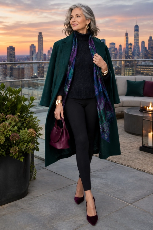 Teal Coat with Jewel-Tone Scarf A woman wears a long dark teal coat over a black turtleneck and trousers, styled with a purple patterned scarf, burgundy handbag, and pointed heels.