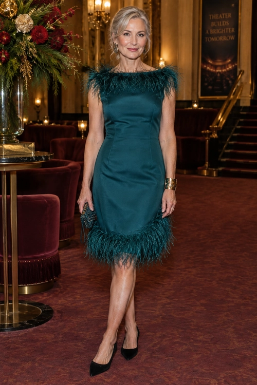 A woman wears a fitted teal cocktail dress with feather trim at the neckline and hem, black pointed-toe heels, and a small embellished clutch.