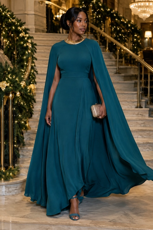 Teal Cape Gown A floor-length teal gown with a flowing cape detail is styled with a gold necklace, metallic clutch, and open-toe heels.