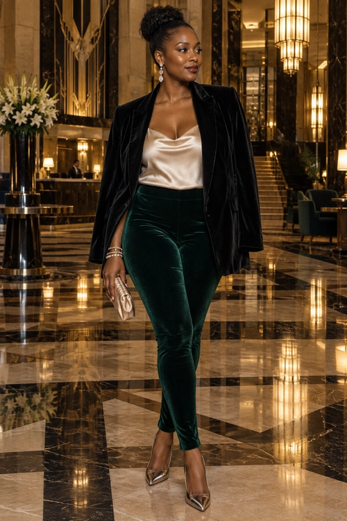 Velvet Blazer and Emerald Trousers A woman wears a black velvet blazer, ivory satin top, emerald green velvet trousers, metallic pointed-toe pumps, and a jeweled handbag.