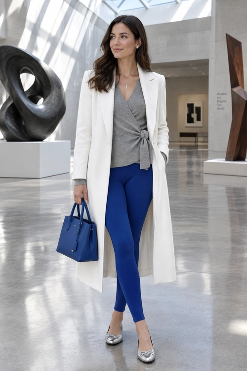 White Coat and Cobalt Trousers Outfit A woman wears a long white coat over a gray wrap top and cobalt blue trousers with silver flats and a matching blue handbag.