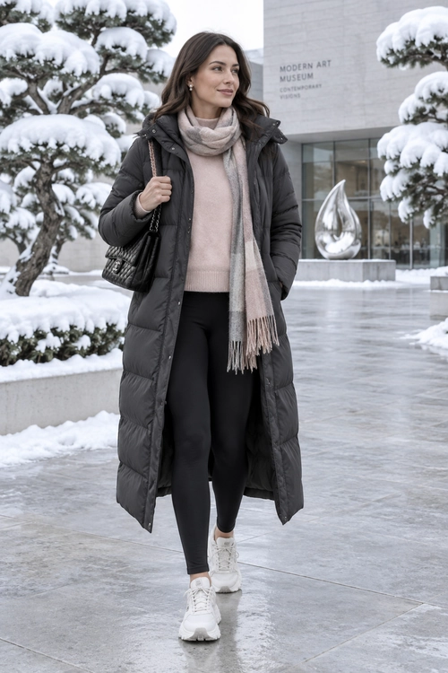 Woman wearing a long dark puffer coat, pale pink sweater, fringed scarf, black leggings, and white sneakers in a snowy setting.