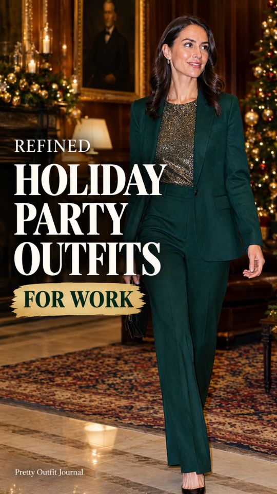 A woman wears a black top with green trousers and drop earrings for a holiday party outfit for work