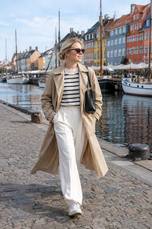 A beige trench coat is worn over a navy-and-cream striped sweater with white wide-leg trousers, white sneakers, dark sunglasses, and a black shoulder bag.