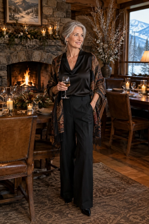 Elegant Black Evening Outfit A woman wears a black cowl-neck top and wide-leg trousers with a long patterned wrap and black pointed-toe shoes.