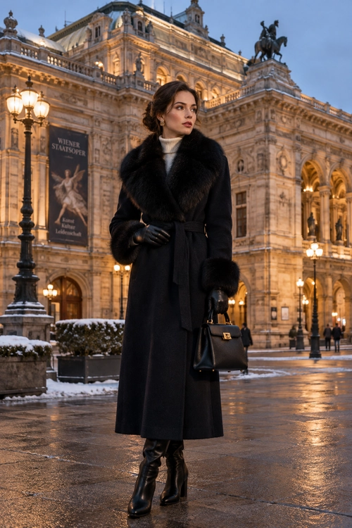 A long black belted coat with a plush fur collar and cuffs is worn over a cream turtleneck, with black gloves, knee-high boots, and a structured handbag.