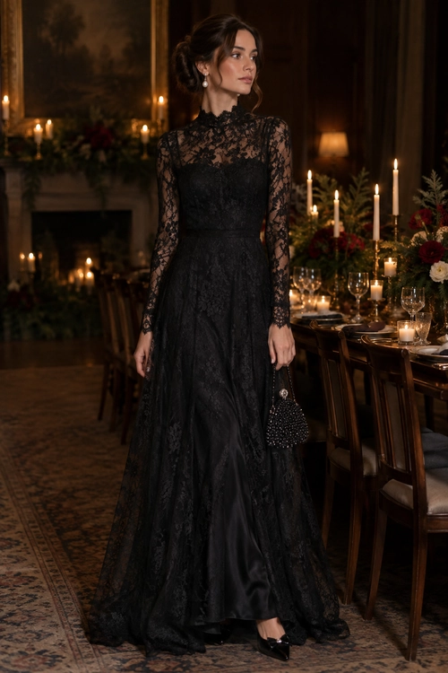 A floor-length black lace gown with long sleeves and a high neckline, styled with black heels, pearl drop earrings, and a beaded clutch.