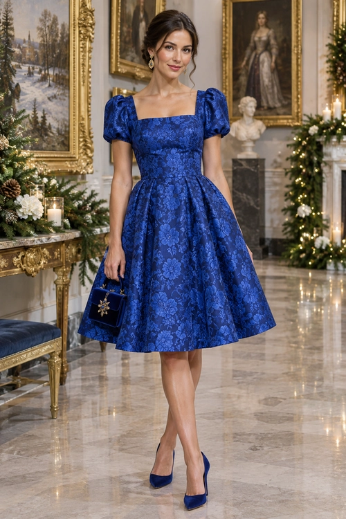 A blue floral fit-and-flare dress with puff sleeves and a square neckline, styled with matching heels, a small handbag, and gold earrings.