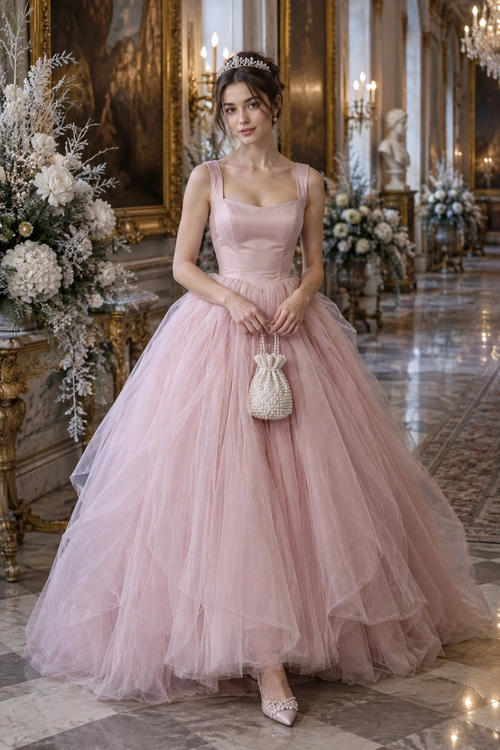 Blush Pink Tulle Ball Gown A woman wears a blush pink sleeveless ball gown with a layered tulle skirt, a tiara, a beaded handbag, and embellished pointed heels.