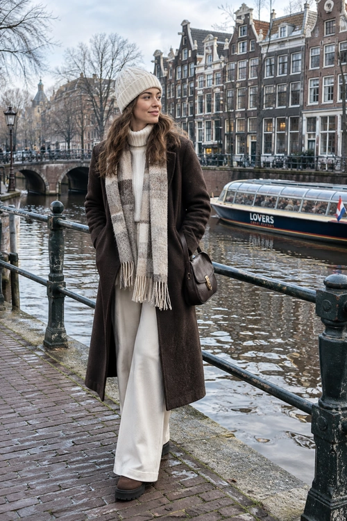 Cozy Winter City Outfit A woman wears a dark brown long coat over a cream turtleneck and wide-leg trousers, with a knit beanie, plaid scarf, crossbody bag, and dark boots.