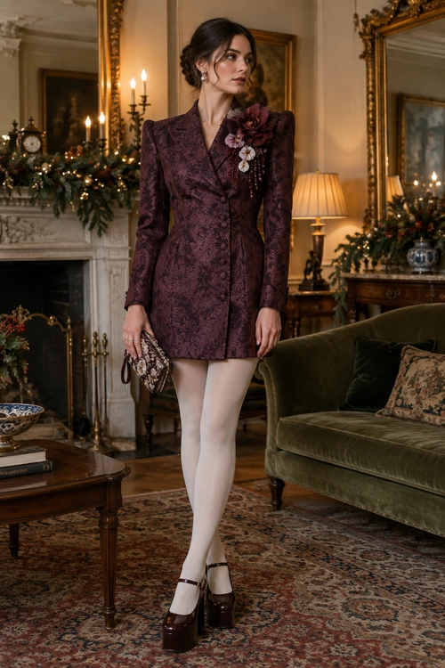 Burgundy Brocade Blazer Dress A burgundy brocade blazer dress with a floral lapel pin is styled with white tights, platform Mary Jane heels, and a beaded clutch.
