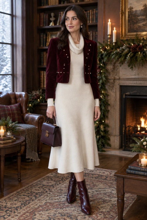 A burgundy velvet jacket with small embellishments is worn over an ivory long-sleeve midi dress, with burgundy boots and a matching handbag.