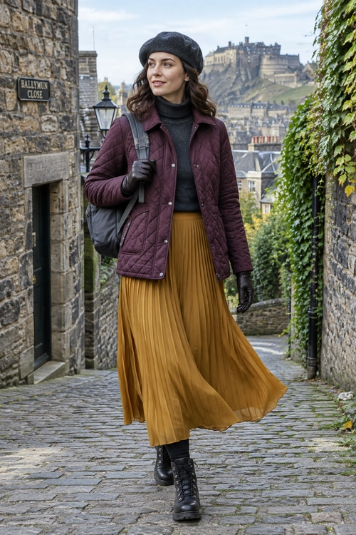 A burgundy quilted jacket and black turtleneck paired with a mustard pleated skirt, black beret, gloves, backpack, and lace-up boots.