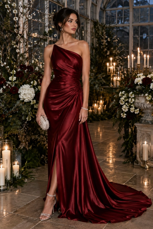 Burgundy One-Shoulder Evening Gown A burgundy satin one-shoulder gown with gathered draping, a high slit and a long train, styled with silver heels and a beaded clutch.