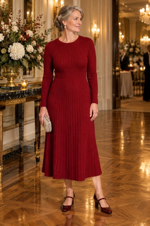 Burgundy Pleated Knit Dress A long-sleeved burgundy knit dress with a pleated skirt, paired with burgundy Mary Jane heels and a small metallic clutch.