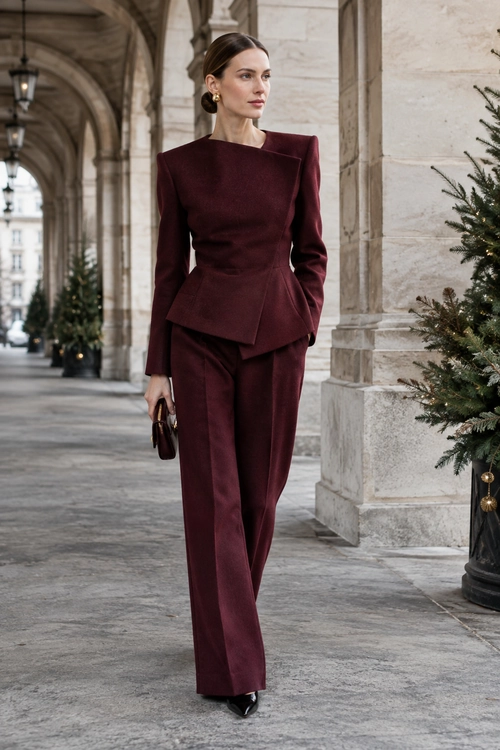 Burgundy Tailored Suit A burgundy sculpted jacket and matching wide-leg trousers styled with black pointed-toe shoes, gold earrings, and a small dark clutch.
