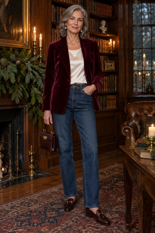 Burgundy Velvet Blazer Outfit A burgundy velvet blazer is styled with an ivory top, blue jeans, dark loafers, pearl earrings, and a small structured handbag.