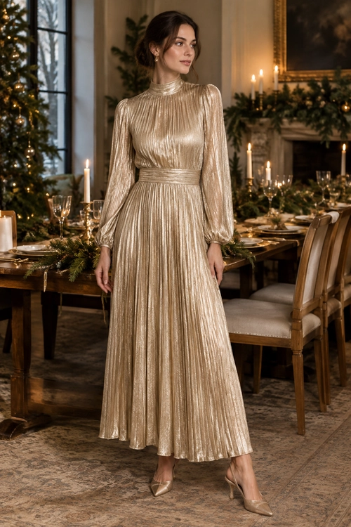 A woman wears a shimmering champagne-gold pleated maxi dress with long sleeves and pointed metallic heels.