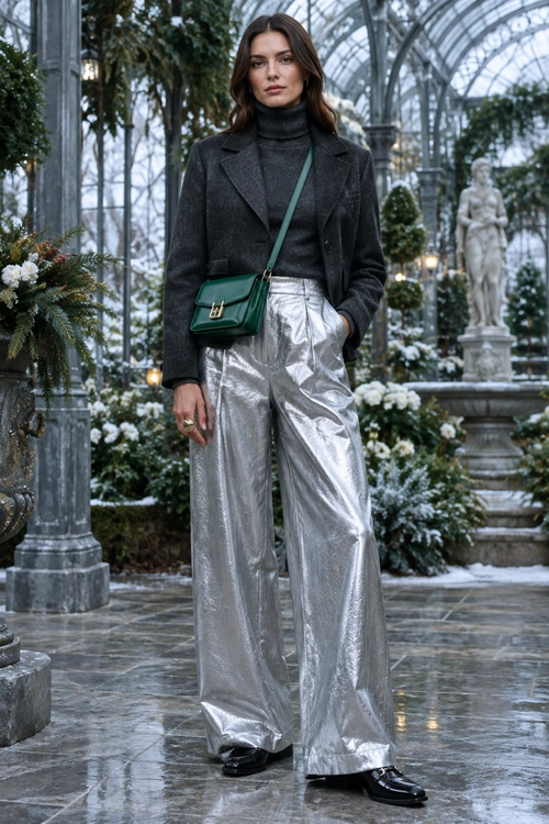 Charcoal Blazer and Silver Trousers A charcoal blazer and dark turtleneck are styled with metallic silver wide-leg trousers, black loafers, and a green crossbody bag.