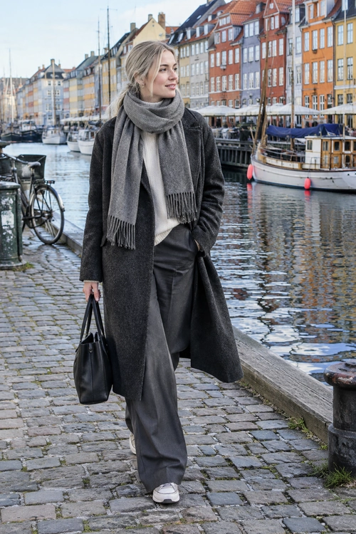 A charcoal long coat and gray scarf are styled with a light sweater, dark trousers, white sneakers, and a black handbag.
