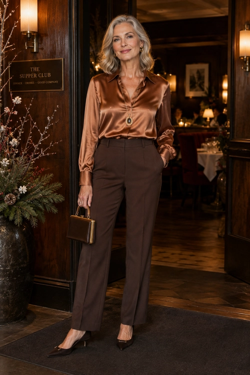 Copper Satin Blouse and Tailored Trousers A copper satin blouse tucked into dark brown tailored trousers, styled with a pendant necklace, small handbag, and black pointed heels.