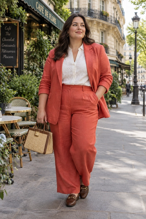 A coral blazer and matching trousers are styled with a white eyelet blouse, brown loafers, and a woven handbag.
