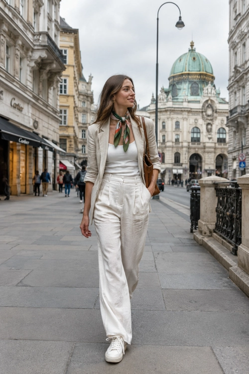 A light beige blazer and white top are paired with white wide-leg trousers, a patterned neck scarf, a brown shoulder bag, and white sneakers.