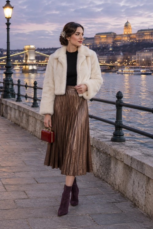 A cream fur-textured coat over a black top and bronze pleated skirt, styled with deep plum boots and a small red handbag.