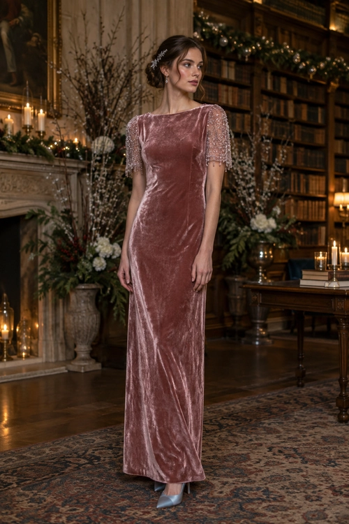 Dusty Rose Velvet Evening Gown A floor-length dusty rose velvet gown with embellished sheer sleeves, a delicate hair accessory, and silver pointed-toe heels.