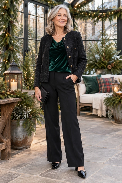 Emerald Top and Black Trousers A draped emerald green top and black wide-leg trousers are styled with a textured black jacket, black shoes, and a small black clutch.