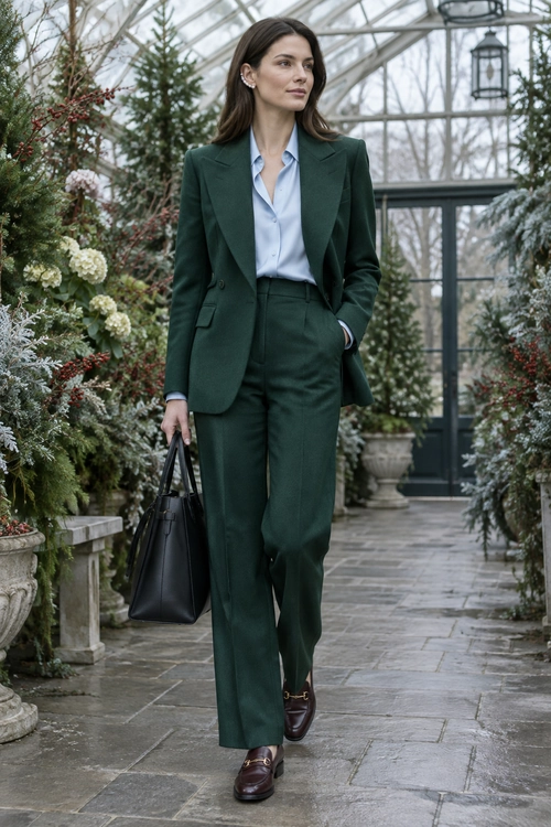 Forest Green Tailored Suit A forest green blazer and matching trousers are styled with a pale blue button-down shirt, brown loafers, and a black tote bag.