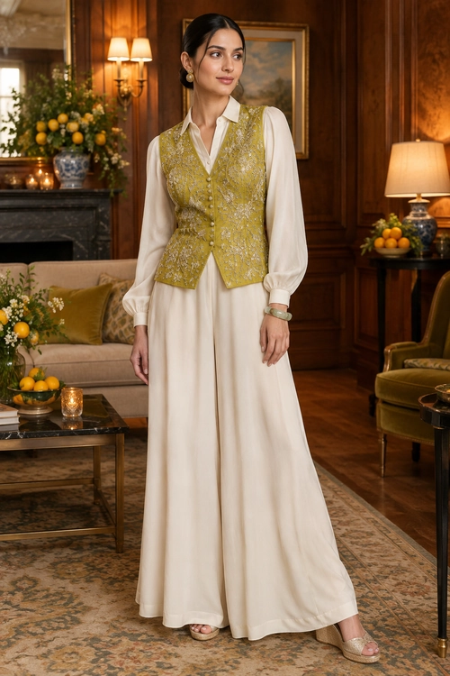 A cream long-sleeved maxi dress is layered with a mustard-gold embroidered vest and paired with neutral open-toe shoes.