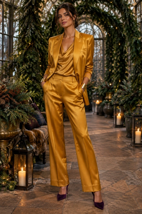 Golden Satin Suit A woman wears a golden satin blazer, draped blouse and matching trousers with purple pointed-toe heels and metallic cuff bracelets.