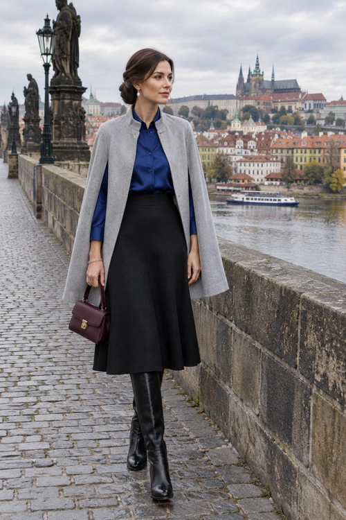 A gray cape-style coat is layered over a blue blouse and black midi skirt, with black knee-high boots and a burgundy handbag.
