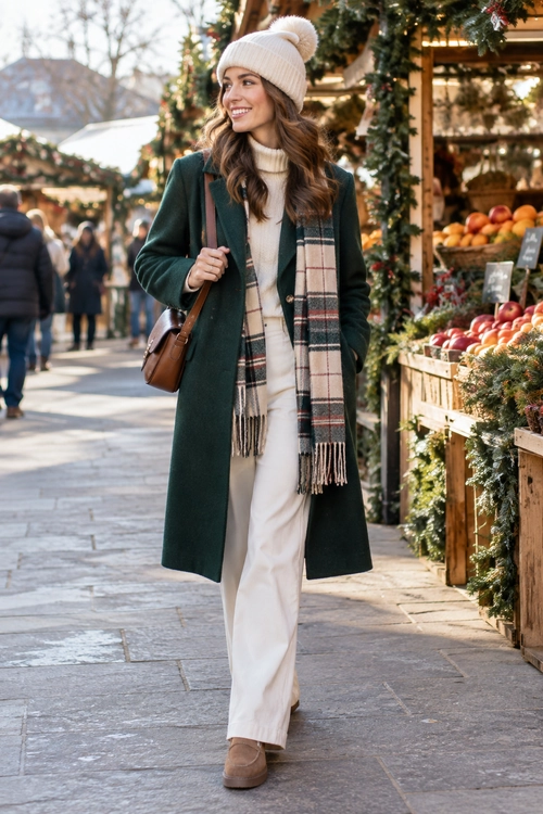 Cozy Winter Market Outfit A dark green long coat layered over a cream sweater and light trousers, with a plaid scarf, pom-pom beanie, brown crossbody bag, and brown shoes.
