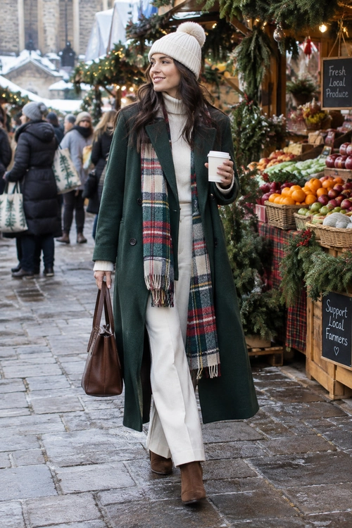 Winter Market Outfit A person wears a long dark green coat, cream pom-pom beanie, plaid scarf, cream trousers, and brown ankle boots.