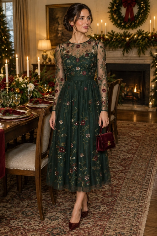 A dark green sheer-sleeved floral embroidered dress is styled with burgundy heels, a matching clutch, and stud earrings.