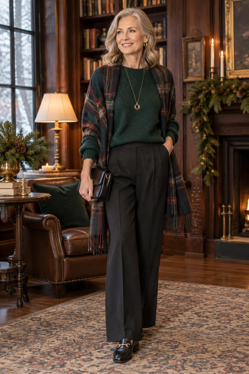 Plaid Scarf and Green Sweater Outfit A dark green sweater and charcoal wide-leg trousers styled with a long plaid scarf, black loafers, a small black handbag, and gold jewelry.
