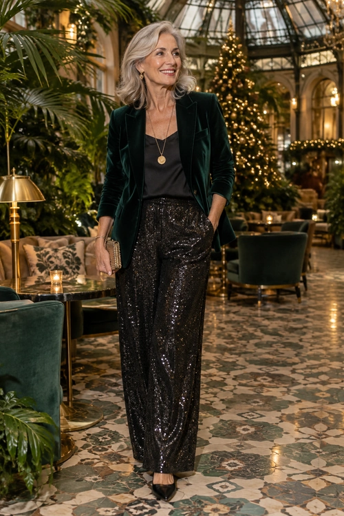 Velvet Blazer and Sequin Trousers A dark green velvet blazer and black top are paired with black sequin trousers, pointed heels, gold jewelry, and a small clutch.