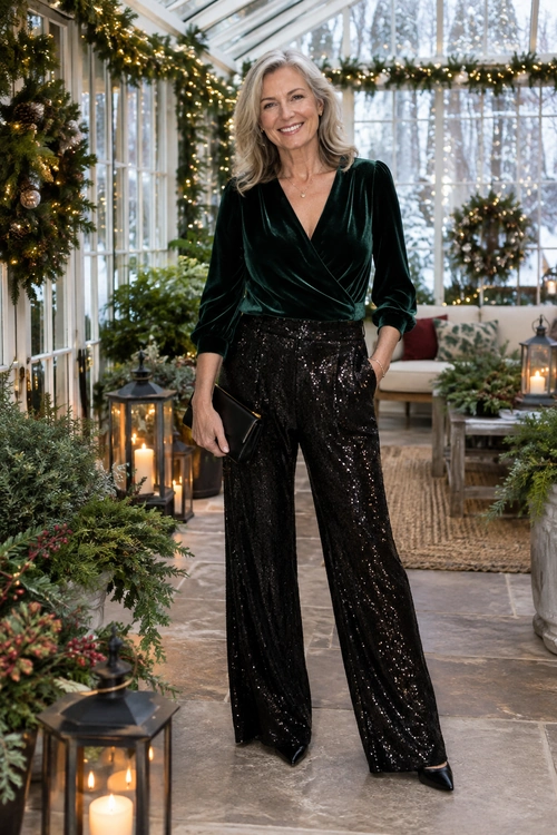 Velvet and Sequin Holiday Look A deep green velvet wrap top is paired with black sequin wide-leg trousers, pointed-toe heels, and a black clutch.