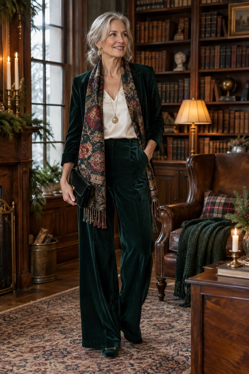 Elegant Green Velvet Suit A dark green velvet suit is paired with an ivory blouse, a patterned scarf, a pendant necklace, and a dark clutch.