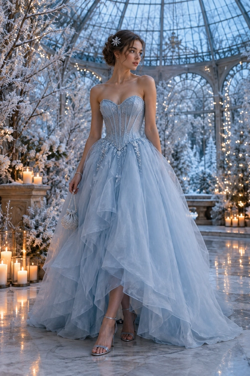A strapless icy blue ball gown with a fitted embellished bodice, layered tulle skirt, silver heels, and a sparkling hair accessory.