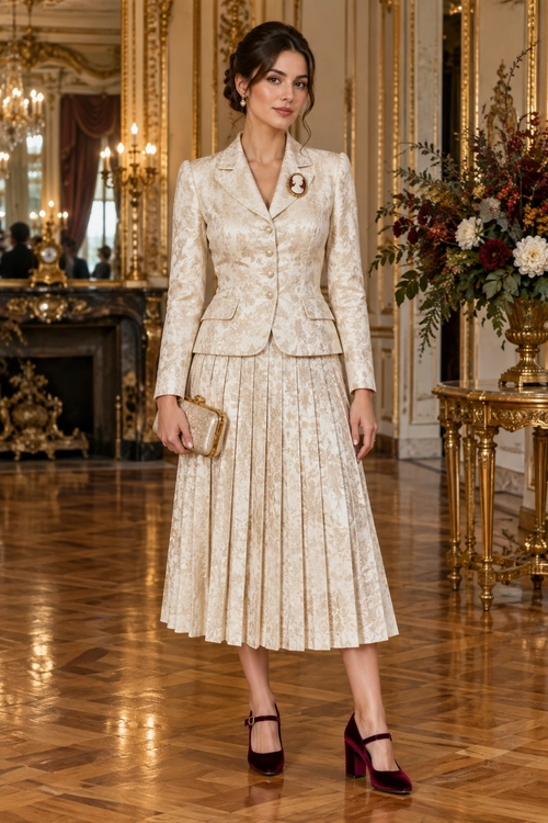 Ivory Brocade Suit with Burgundy Heels A cream brocade blazer and pleated midi skirt styled with burgundy Mary Jane heels, a gold clutch, and a decorative brooch.